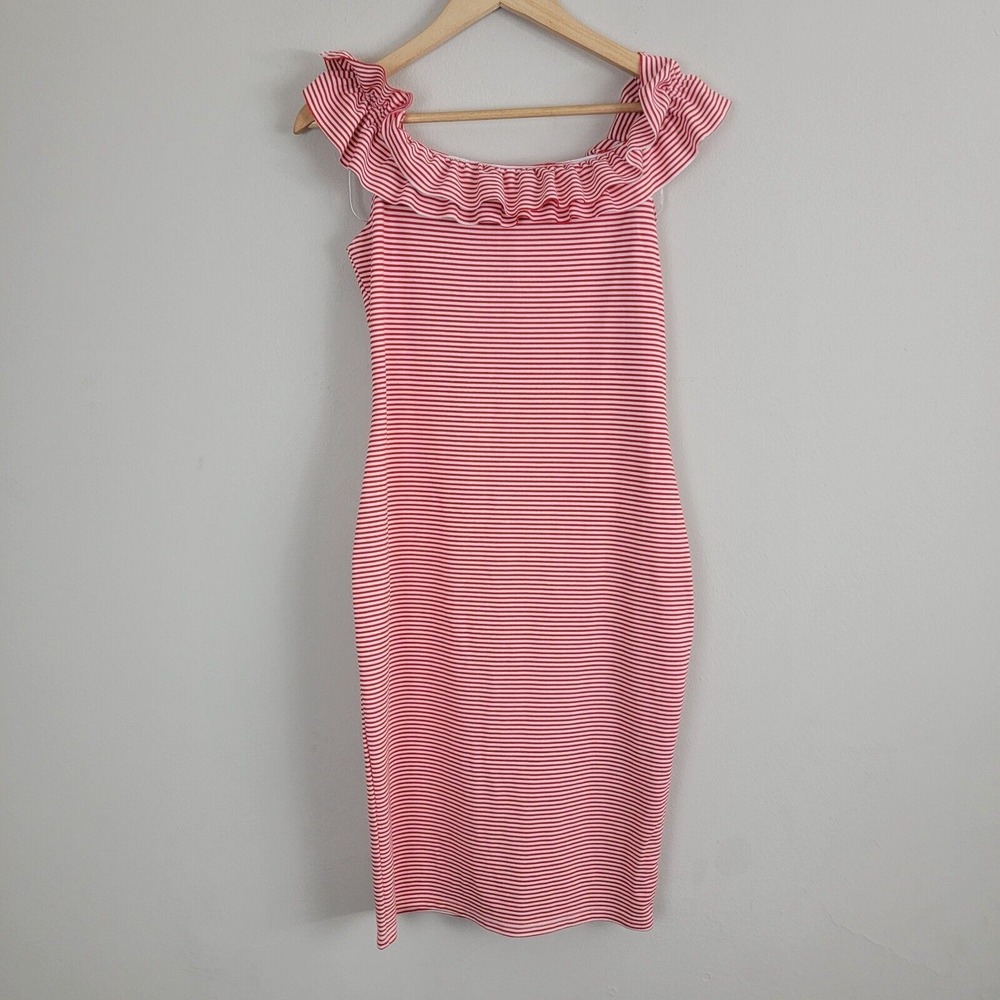 Zara Trafaluc Tank Dress Womens L Red and White Striped Ruffle Off The Shoulders